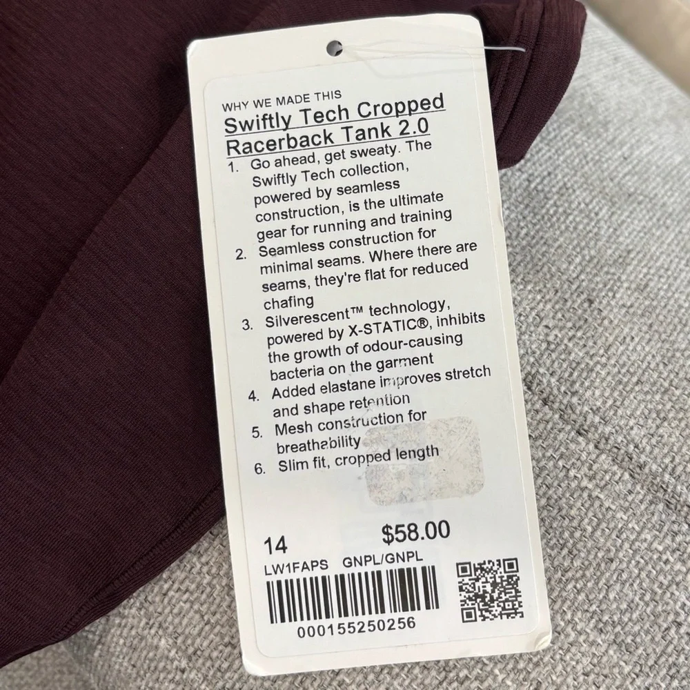 NWT Lululemon Swiftly Tech Cropped Racerback Tank Top In Goodnight Plum Size 14 - Picture 6 of 6
